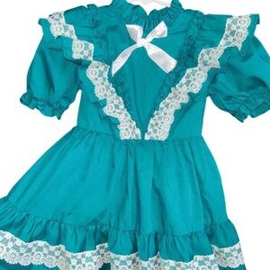 Teal frilly Dress with Lace Trim and Bow